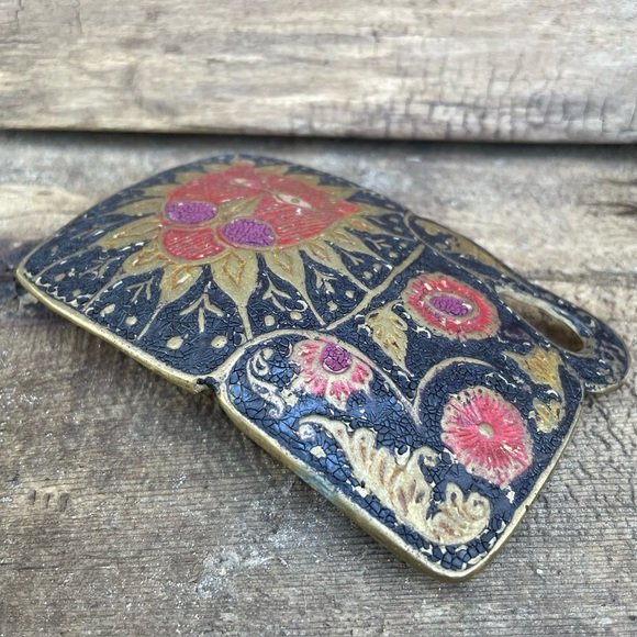 Vintage Handcast Brass Belt Buckle Boho Hippie Botanical & Lion Animal Figural - Picture 4 of 11